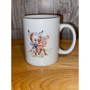 Vintage Ceramic Mug With Cute Baby Deer Fawn & Pink Floral Design